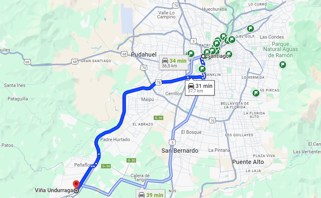 Mapa Vinhedo Undurraga Distância para o centro de Santiago - Viagem para Santiago no Chile