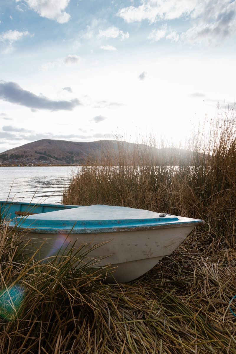 blue and white boat on brown grass field near lake under white clouds during daytime - - Passeios no Lago Titicaca