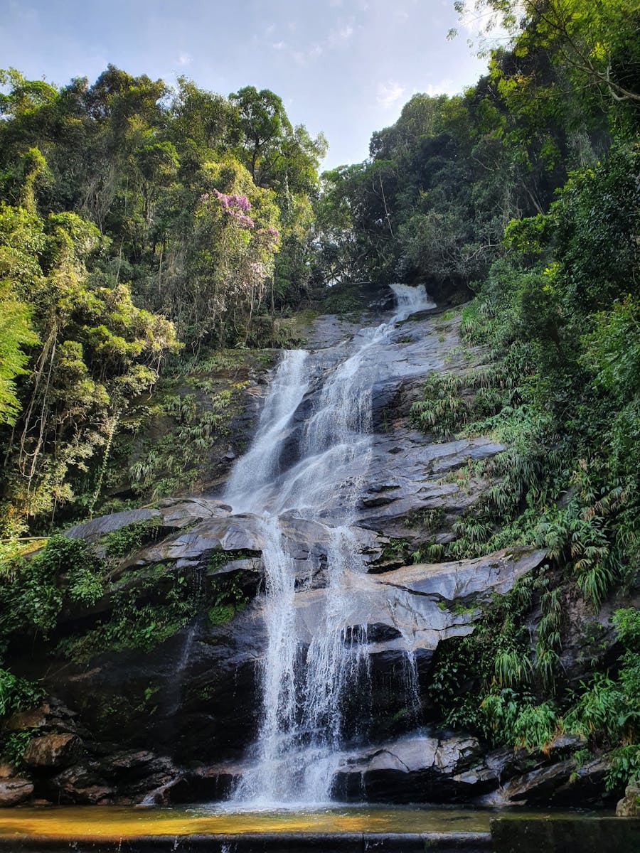 Waterfalls Between Green Trees o a Rocky Cliff - Cachoeiras na Chapada dos Veadeiros